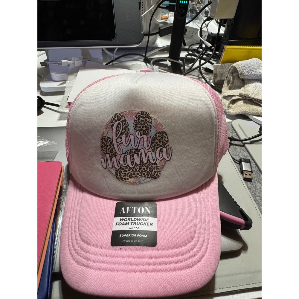 Afton Worldwide Foam Trucker Hat Pink White Fur Mama Leopard Paw Snapback OSFM